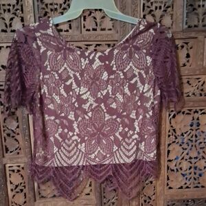 New Without Tag Express Burgundy Lace Crop Blouse with Short Sleeves